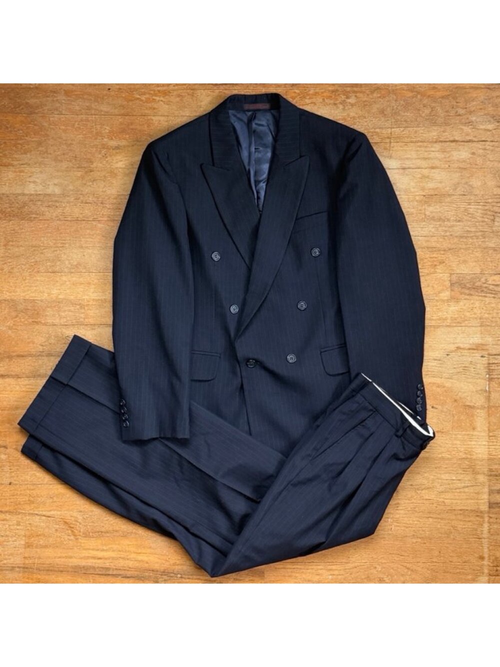 Vintage Mens Suit Set Size 38R Blazer 32x31 Pants Navy Blue Pinstripe Wool